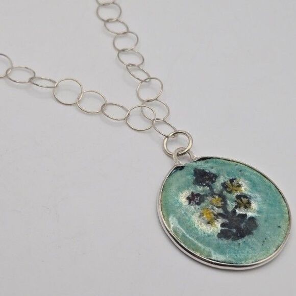 Sterling‎ Silver Enamel Necklace Artisan Handcrafted Chain Boho Floral Pendant - Picture 1 of 7